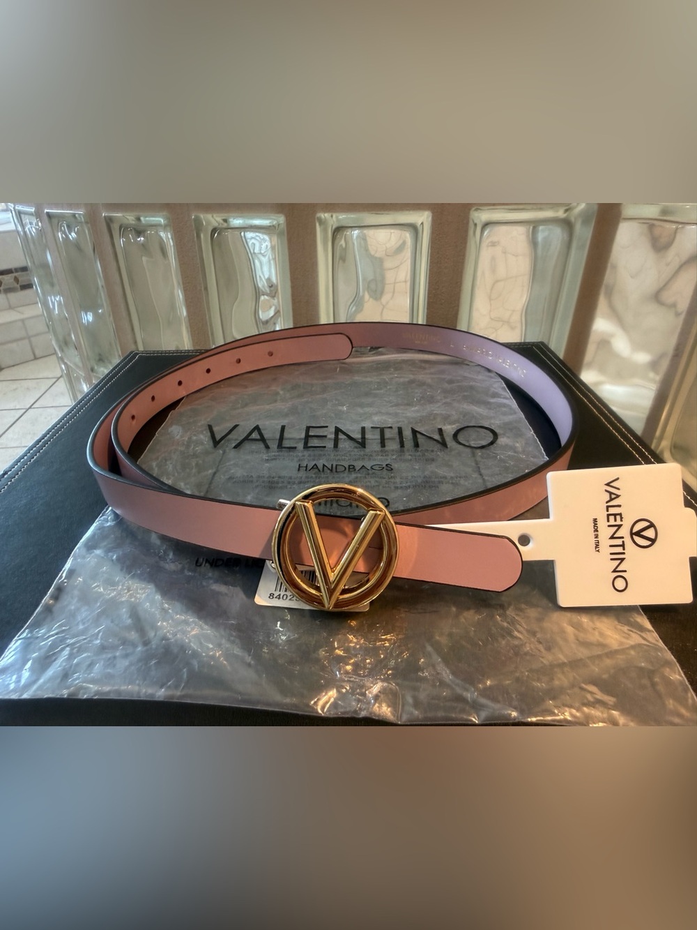 Valentino by Mario Valentino Lavender Leather Belt, Gold Logo Buckle, NWT Size L